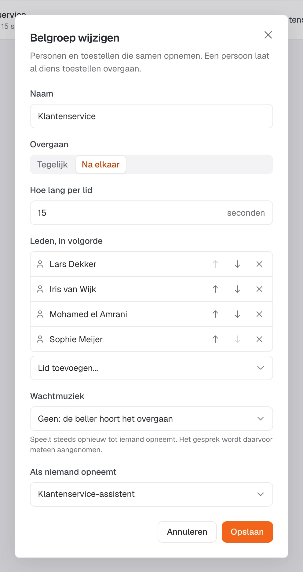 De belgroep Klantenservice met vier leden na elkaar en de AI-agent als iemand niet opneemt.