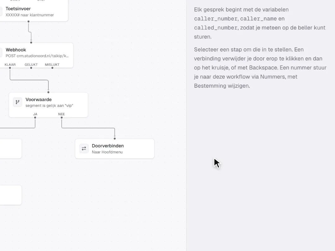 In de workflow Klantenlijn vraagt een webhook het CRM wie er belt, en een voorwaarde stuurt een vaste klant door naar Support.