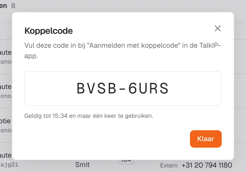 Een koppelcode in het dashboard, met de tijd tot wanneer hij geldig is.