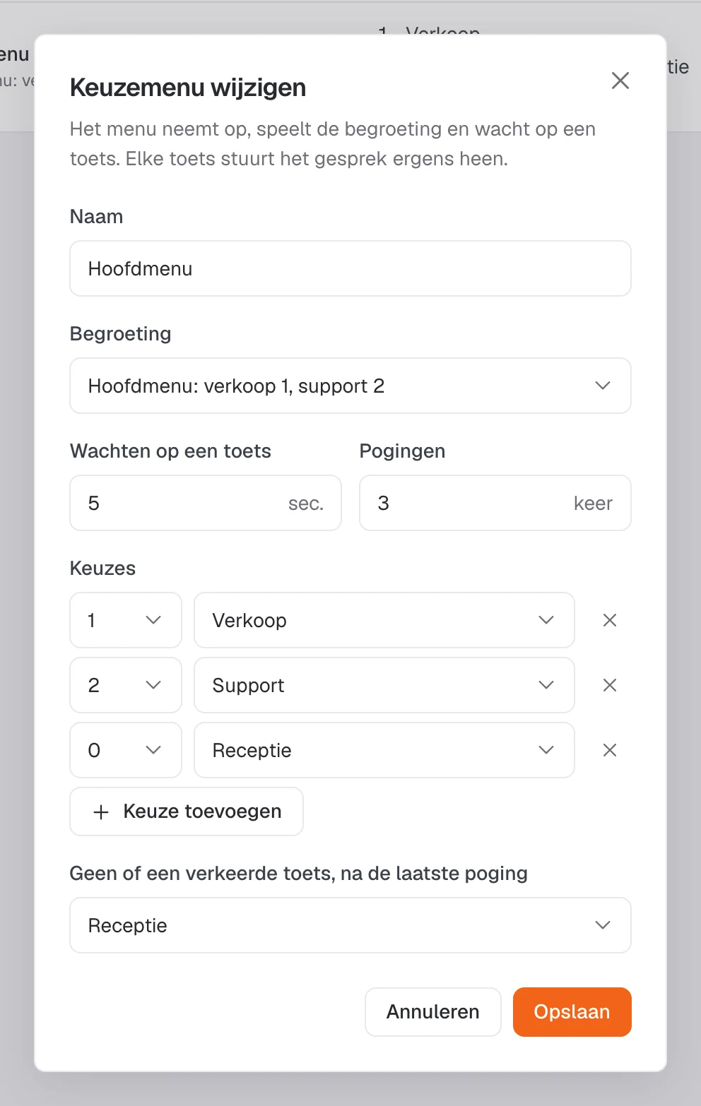 Het venster Keuzemenu wijzigen met een begroeting en de toetsen 1, 2 en 0.