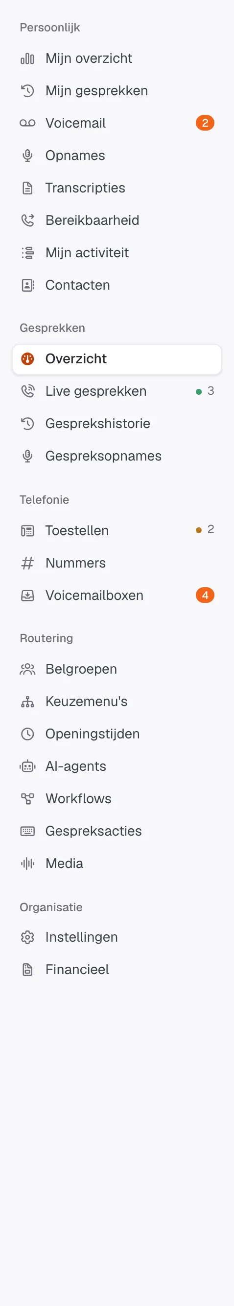 Het menu van het dashboard, met de groepen Persoonlijk, Gesprekken, Telefonie, Routering en Organisatie.