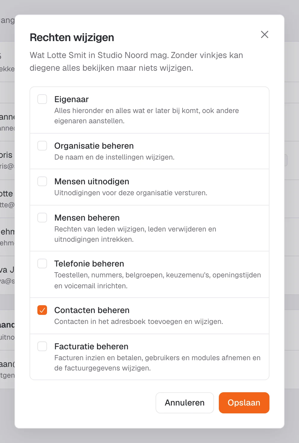 Het venster Rechten wijzigen met een vinkje per recht.