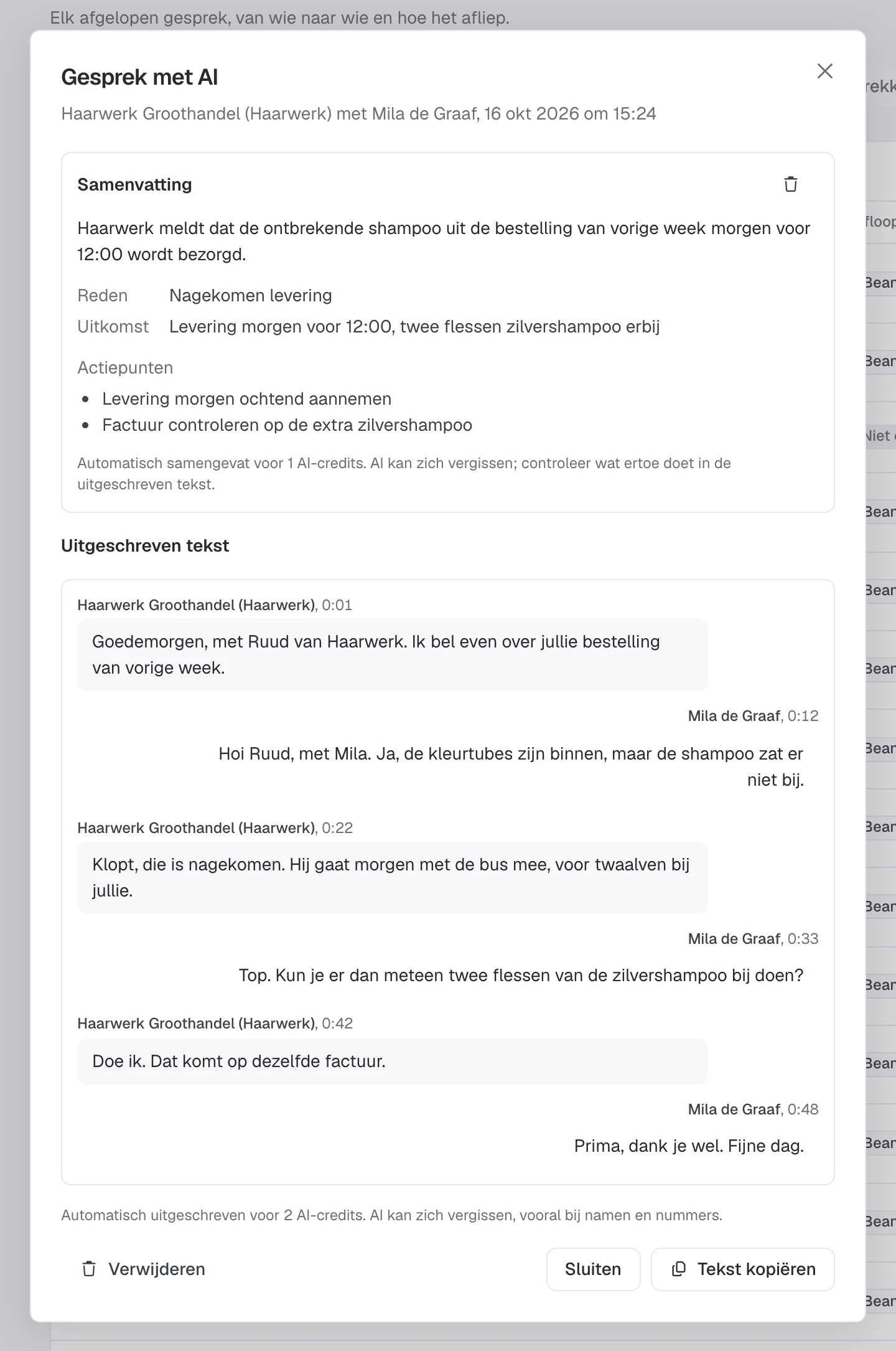 Een transcriptie van een gesprek  met een groothandel, met samenvatting en actiepunten.
