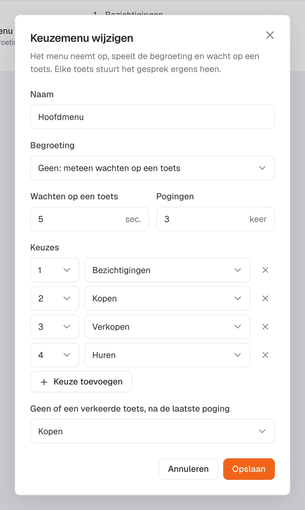 Het keuzemenu met keuzes voor bezichtigingen, kopen, verkopen en huren.