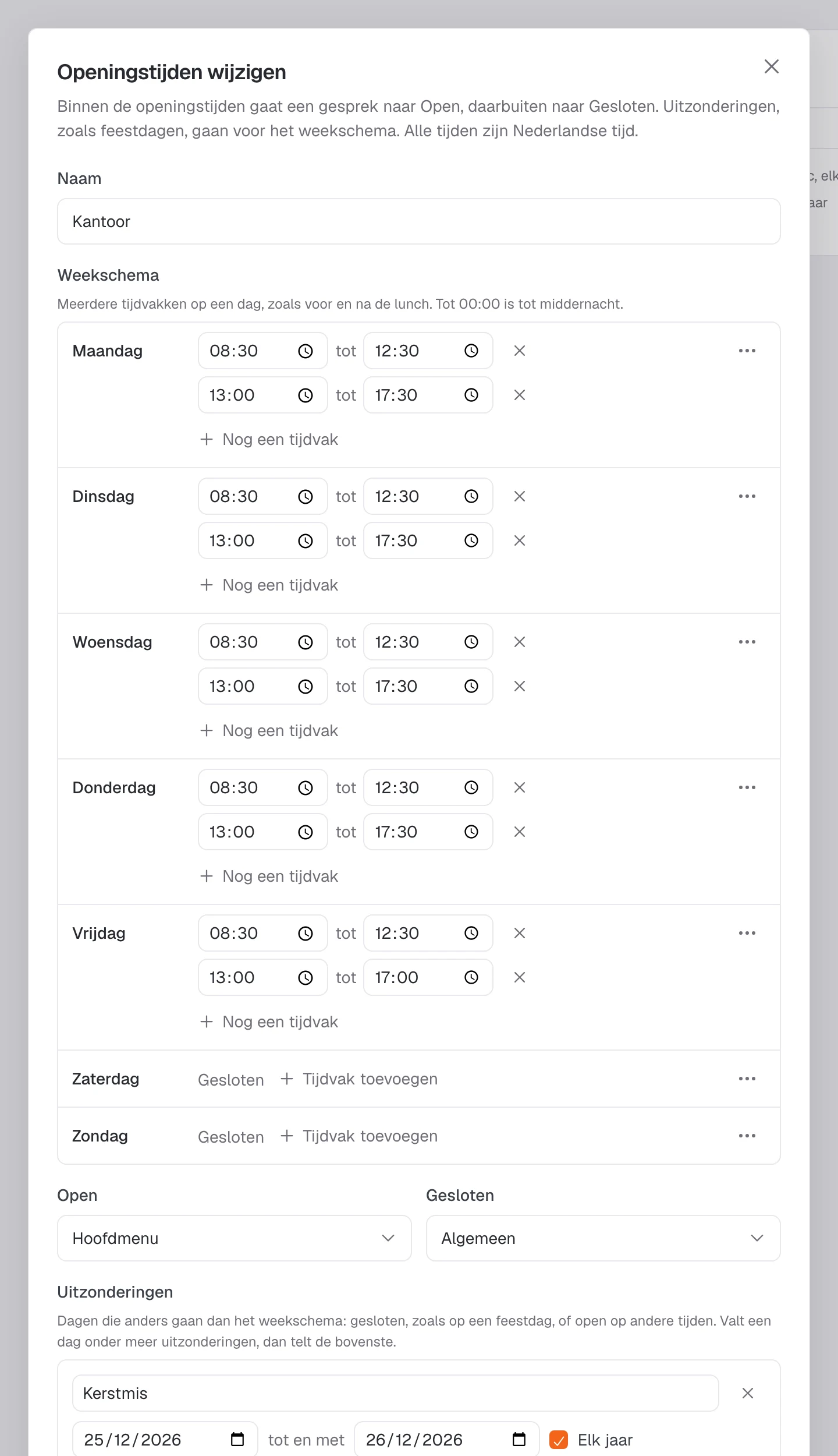 Het venster Openingstijden wijzigen met een weekschema met lunchpauze en uitzonderingen voor kerst en oudejaarsdag.