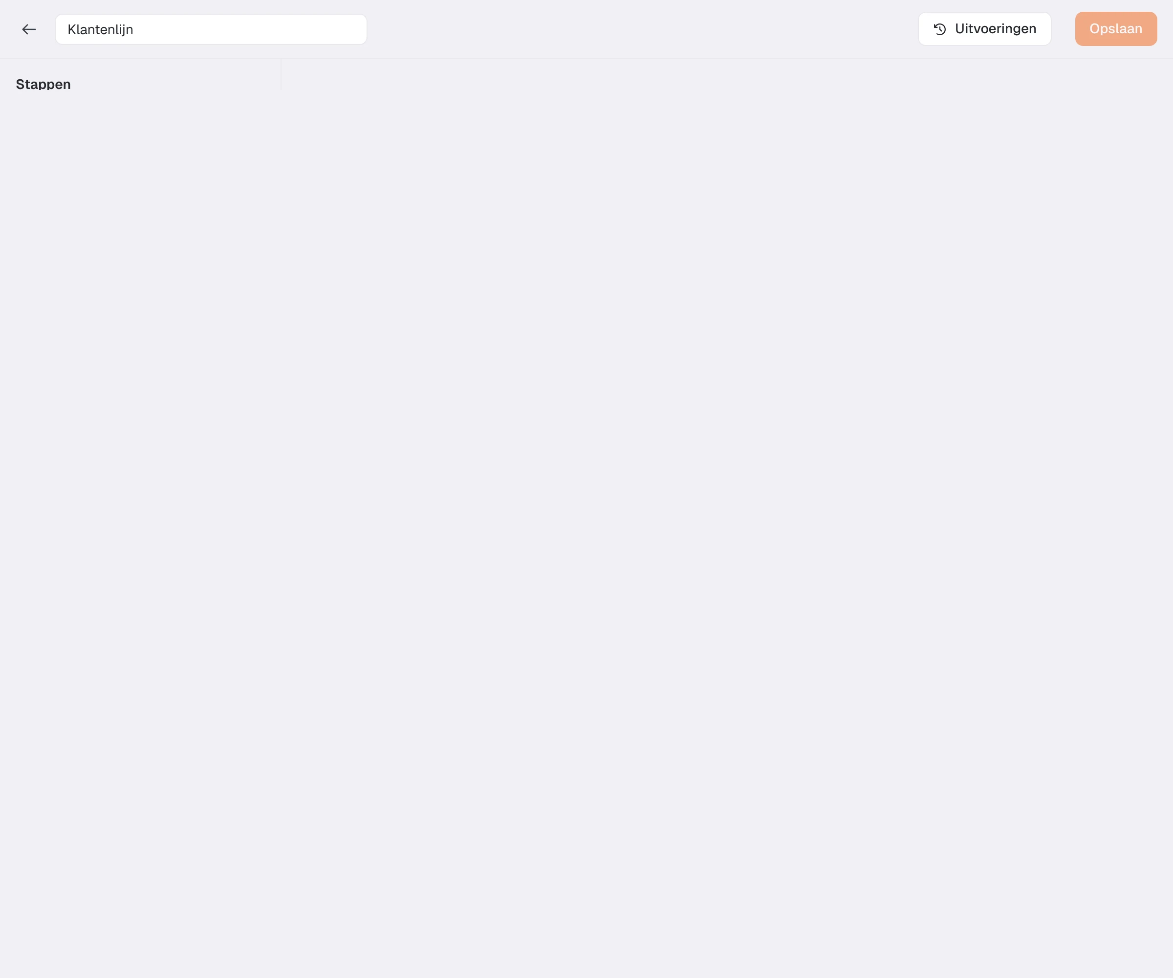De workflow-editor: links de stappen, in het midden de workflow Klantenlijn, rechts de uitleg.