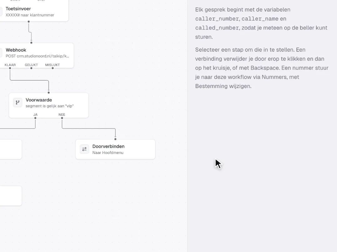 Een uitvoering van de workflow Klantenlijn wordt teruggespeeld: welkom, klantnummer, het CRM, en een vaste klant door naar Support.