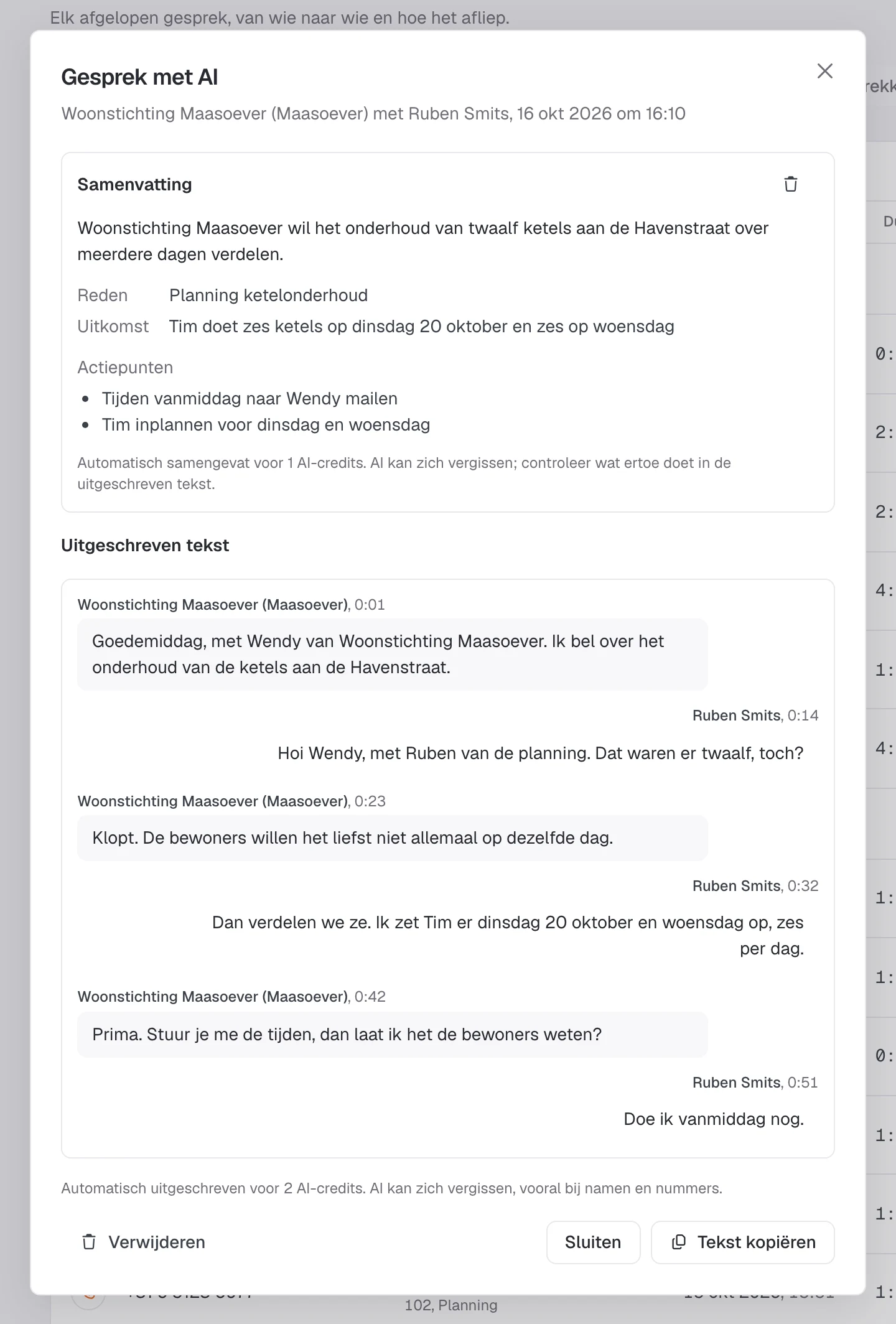 Een transcriptie van een gesprek  met een woonstichting over ketelonderhoud, met samenvatting en actiepunten.