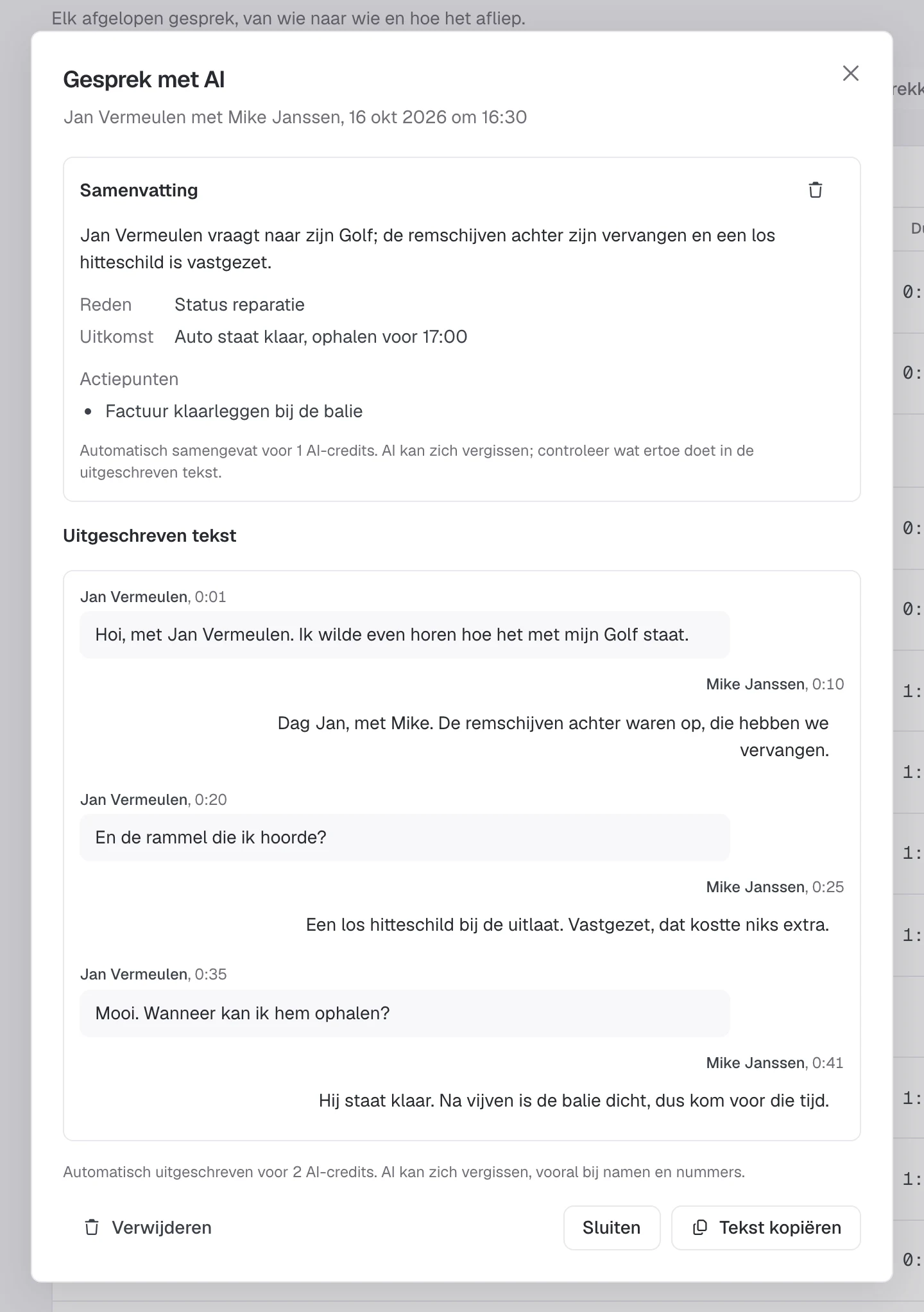 Een transcriptie van een gesprek  over een reparatie, met samenvatting.