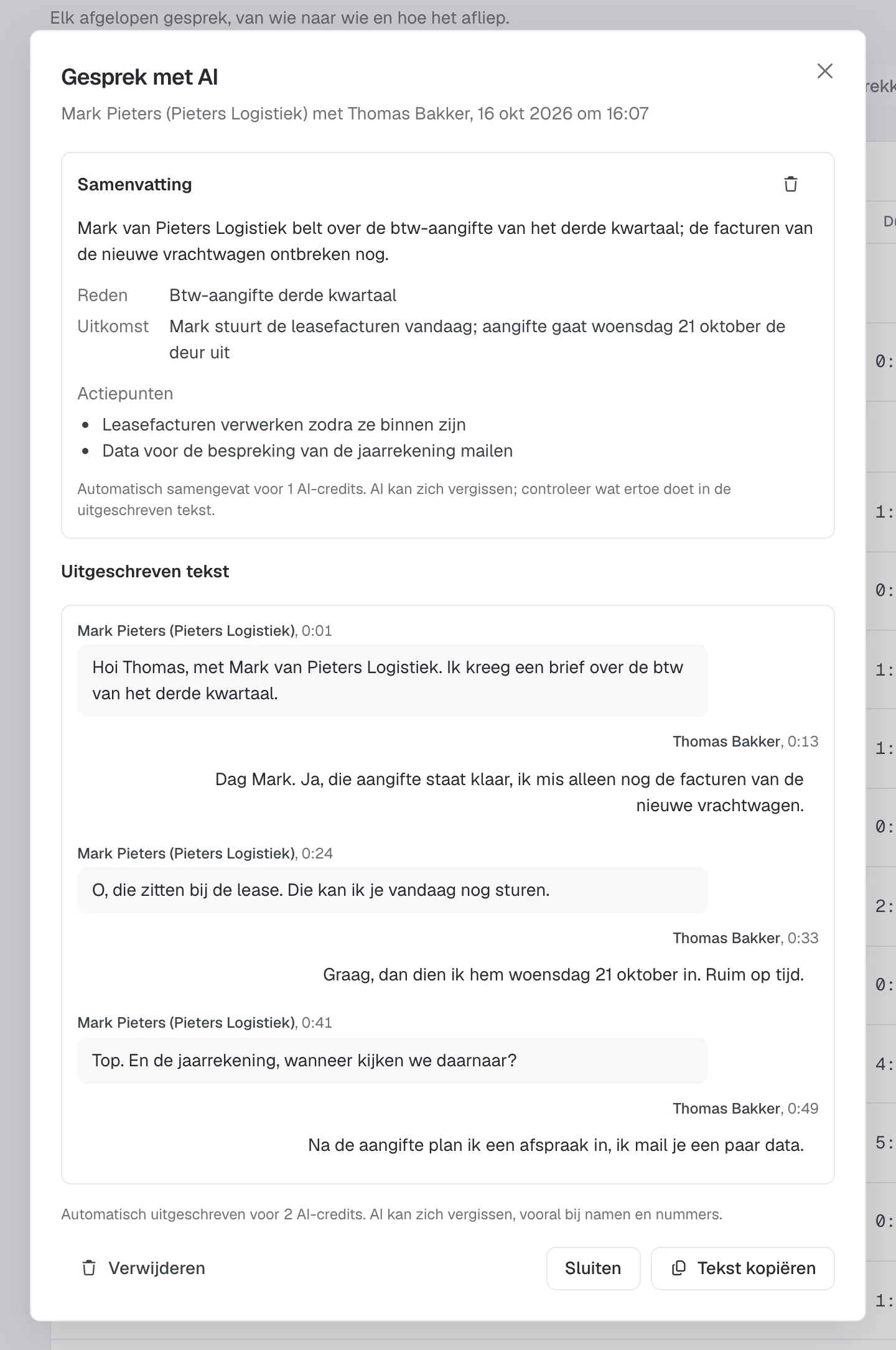 Een transcriptie van een gesprek  over een btw-aangifte, met samenvatting en actiepunten.