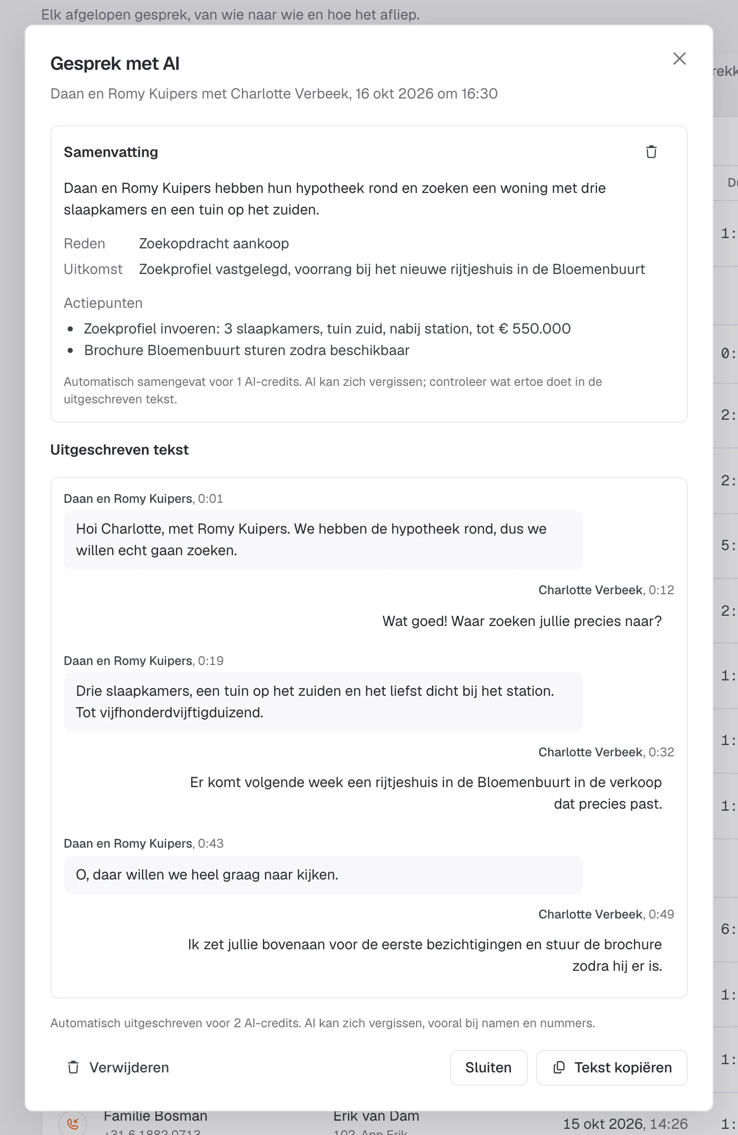 Een transcriptie van een gesprek over een zoekopdracht, met samenvatting en actiepunten.
