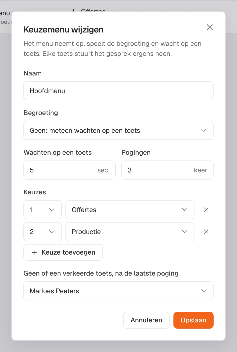 Het keuzemenu van de klant met keuzes voor offertes en productie.