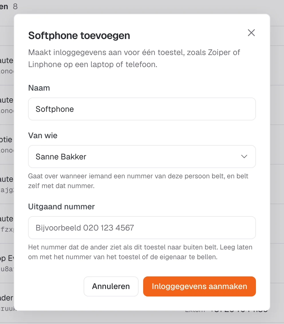 Het venster Softphone toevoegen, met de velden Naam, Van wie en Uitgaand nummer.